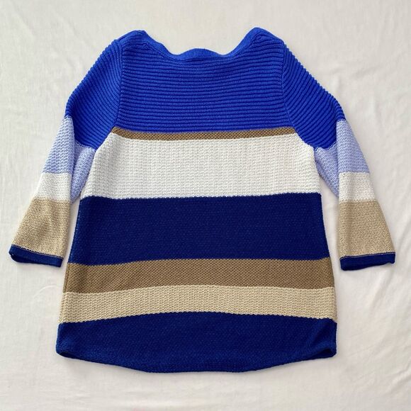 Chicos Striped Sweater 3/4 Sleeve Pullover Knit Blue White Tan Size XL 3 - Picture 2 of 8